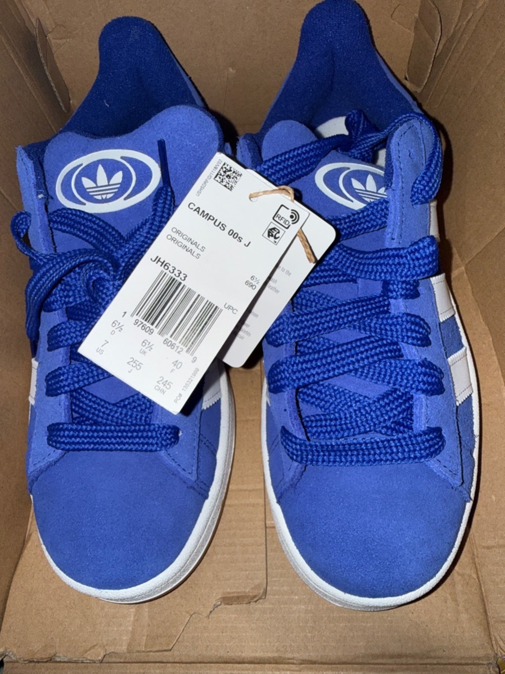 Kids Adidas Blue Suede Campus Sneakers with  3-Stripes I’m an 8Wom they fit me.